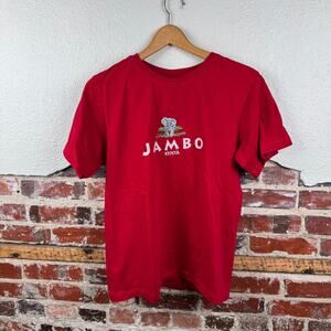 Vintage Africa Shirt Sz Large Red Short Sleeve Kenya Elephant Jambo Embroidered